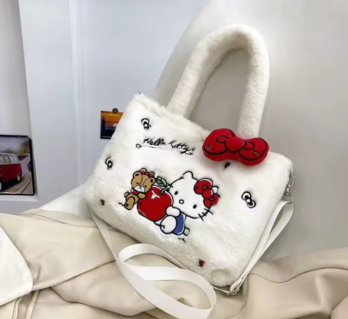 Sanrio Hello Kitty, Kuromi, My Melody, HK & Cinnamoroll Plush Bag - Cute Cartoon Anime Tote Handbag - Large Storage - Women & Girls - School & Travel Bag - Perfect Christmas / Birthday Gift