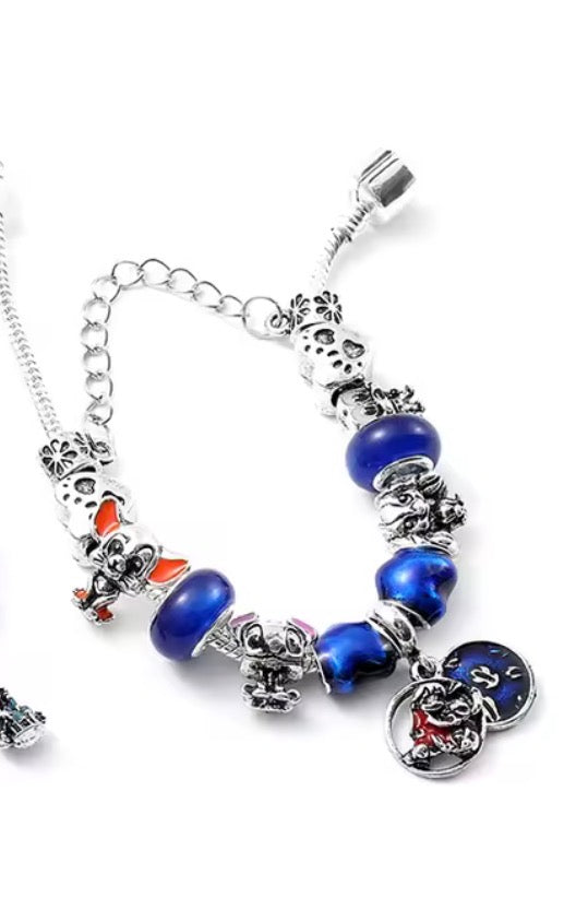 Disney Stitch Fashionable Cute - Stitch Blue Themed Silver Coloured Stitch Love Beaded Charm Bracelet - Adjustable 19cm + 5cm - With Giftbox