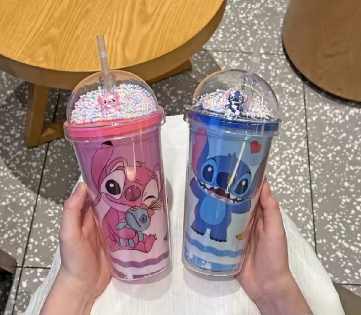 Stitch / Angel 450ml Double Layer Plastic Water Cup With Straw Portable Creative Gift Bottle For Milk Coffee Tea and any other hot or cold drink - Handy Cup for Kids - Perfect Christmas / Birthday Gift