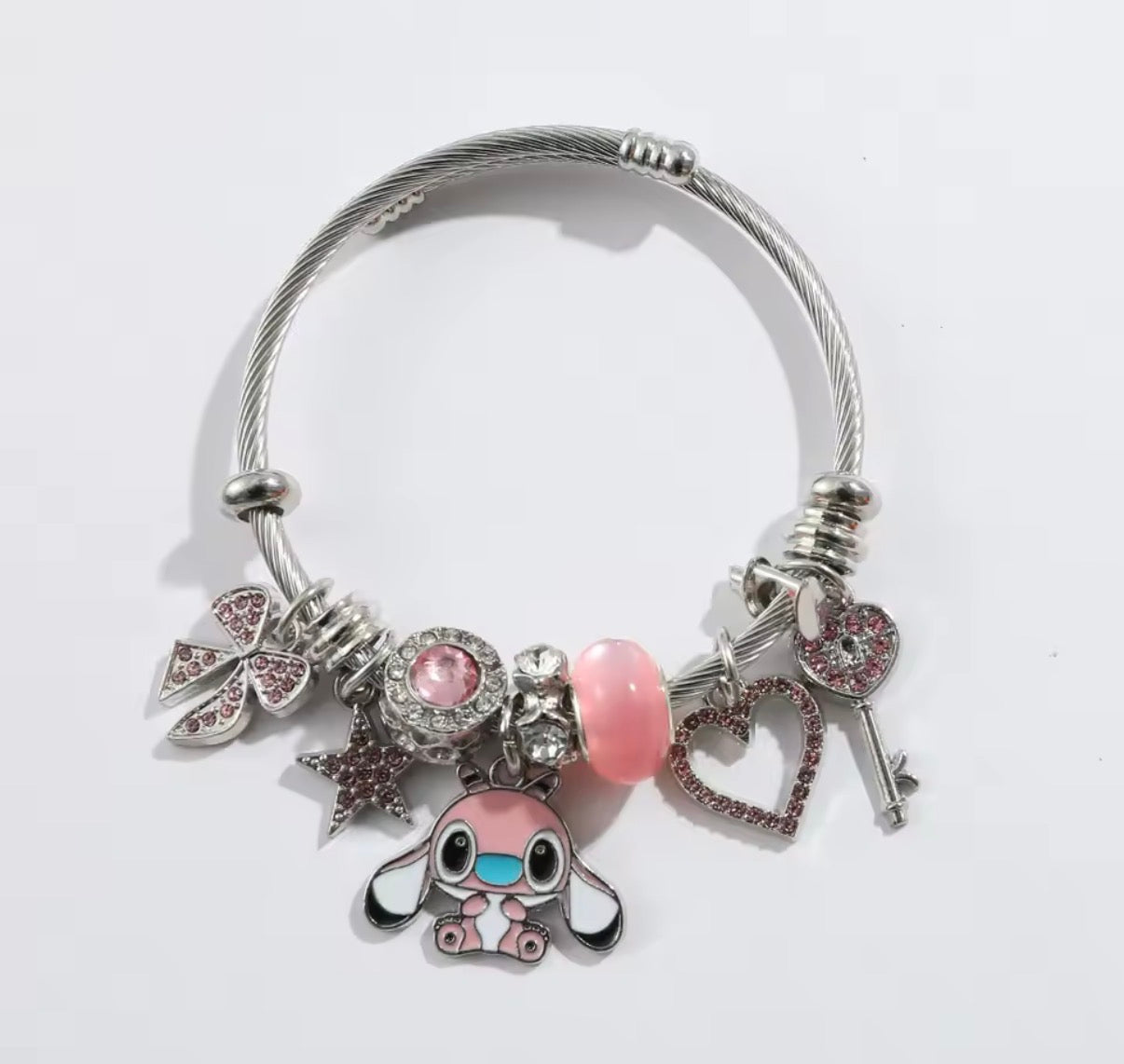 Disney Anime Lilo & Stitch Charms Bracelet - Cartoon Stitch - Beads Bangle - Blue & Pink Themed - Silver Coloured Bangle - Jewellery Gift
