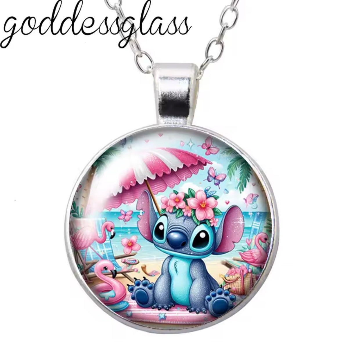 Disney Cute Stitch Love Hearts Round Photo Glass Cabochon Silver Plated Pendant - Necklace Jewellery Birthday / Christmas Gift