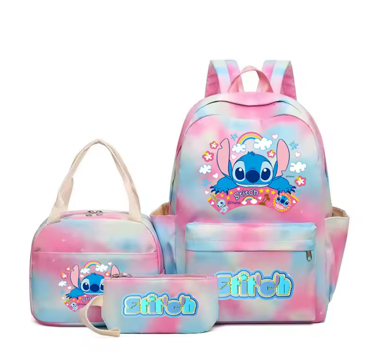 Disney 3Pcs/Set Stitch / Angel Backpack for Girls - Children Rucksack, Lunch Bag & Pen/Storage Bag - Kids Birthday/Christmas Gift - Casual School/Travel Bag