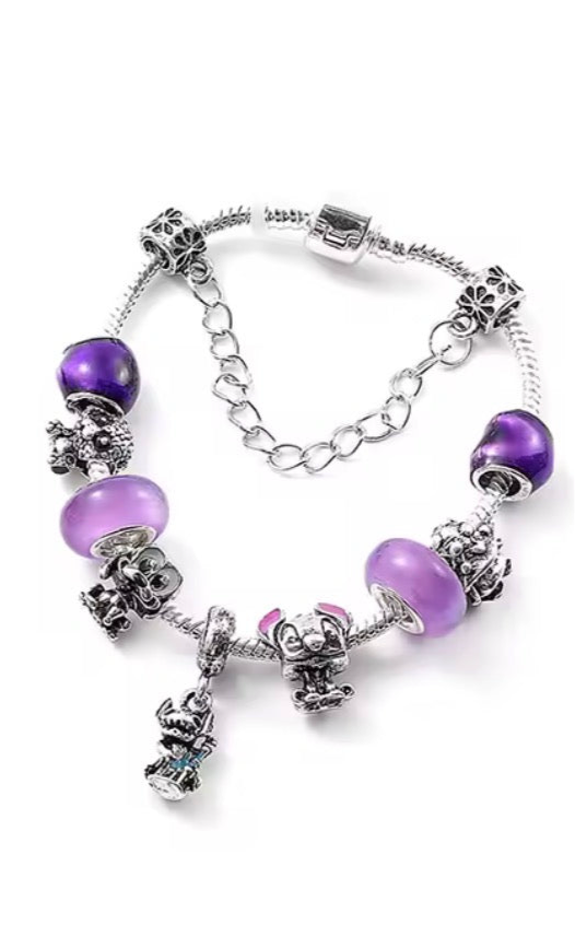 Disney Stitch Fashionable Cute - Stitch Purple Themed Silver Coloured Stitch Love Beaded Charm Bracelet - Adjustable 17cm + 5cm & 19cm + 5cm - With Giftbox