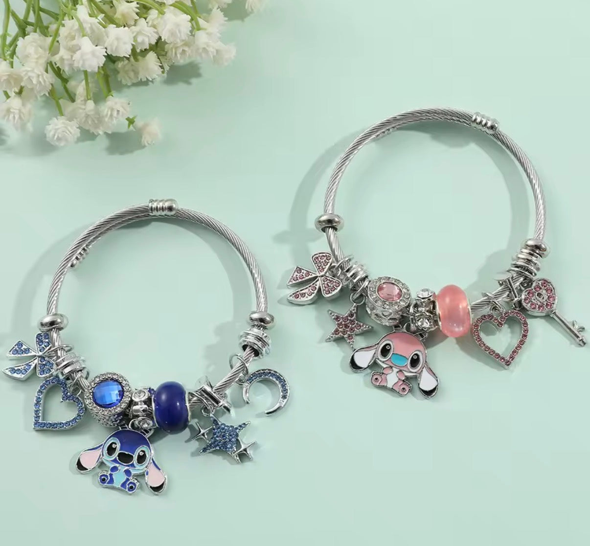Disney Anime Lilo & Stitch Charms Bracelet - Cartoon Stitch - Beads Bangle - Blue & Pink Themed - Silver Coloured Bangle - Jewellery Gift