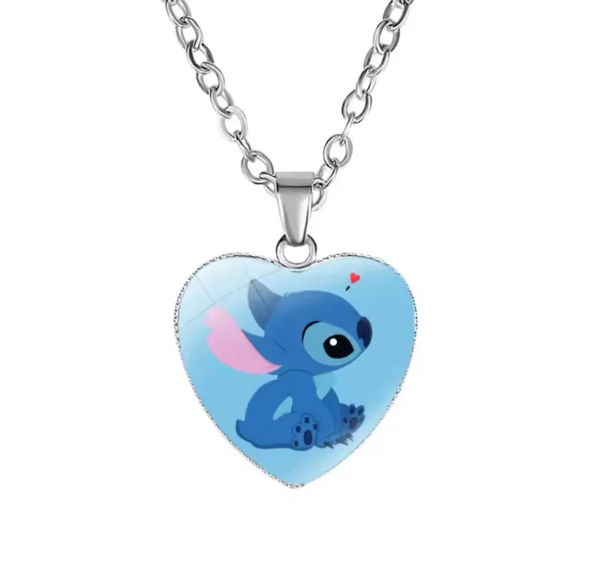 Disney Stitch / Angel - Heart Shaped Silver Coloured Necklace Photo Printed Glass Pendant for Kids & Girls Handmade Jewellery - Anime / Cartoon -
Perfect Birthday / Christmas Gift
