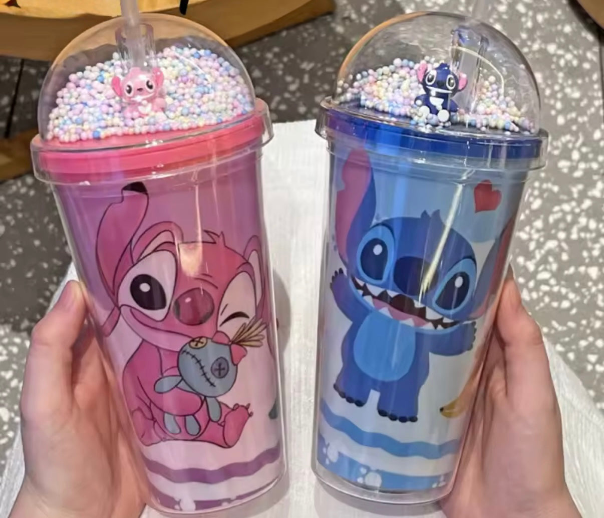 Stitch / Angel 450ml Double Layer Plastic Water Cup With Straw Portable Creative Gift Bottle For Milk Coffee Tea and any other hot or cold drink - Handy Cup for Kids - Perfect Christmas / Birthday Gift