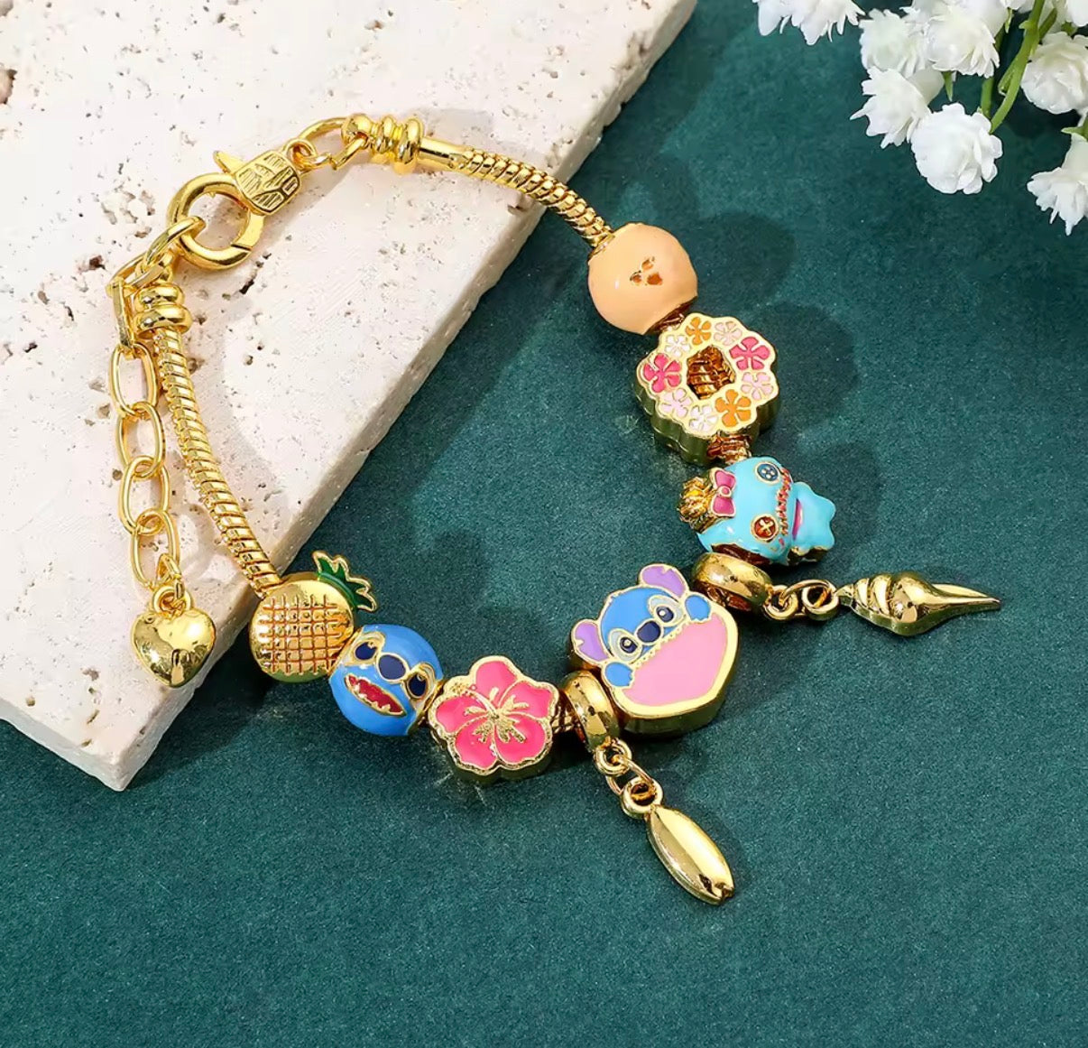 Disney Stitch Series Fashionable Gold Coloured Stitch Love Beaded Charm Bracelet - 17cm + 5cm Adjustable Length - With Giftbox
