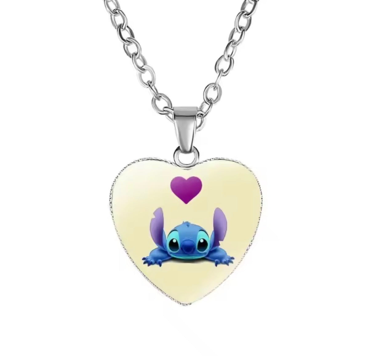 Disney Stitch / Angel - Heart Shaped Silver Coloured Necklace Photo Printed Glass Pendant for Kids & Girls Handmade Jewellery - Anime / Cartoon -
Perfect Birthday / Christmas Gift