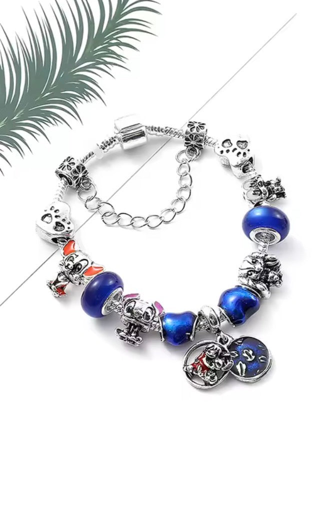 Disney Stitch Fashionable Cute - Stitch Blue Themed Silver Coloured Stitch Love Beaded Charm Bracelet - Adjustable 19cm + 5cm - With Giftbox