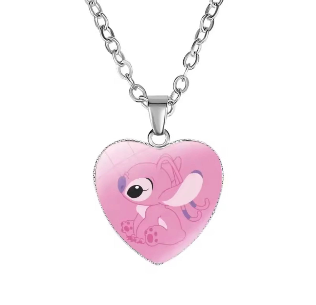 Disney Stitch / Angel - Heart Shaped Silver Coloured Necklace Photo Printed Glass Pendant for Kids & Girls Handmade Jewellery - Anime / Cartoon -
Perfect Birthday / Christmas Gift