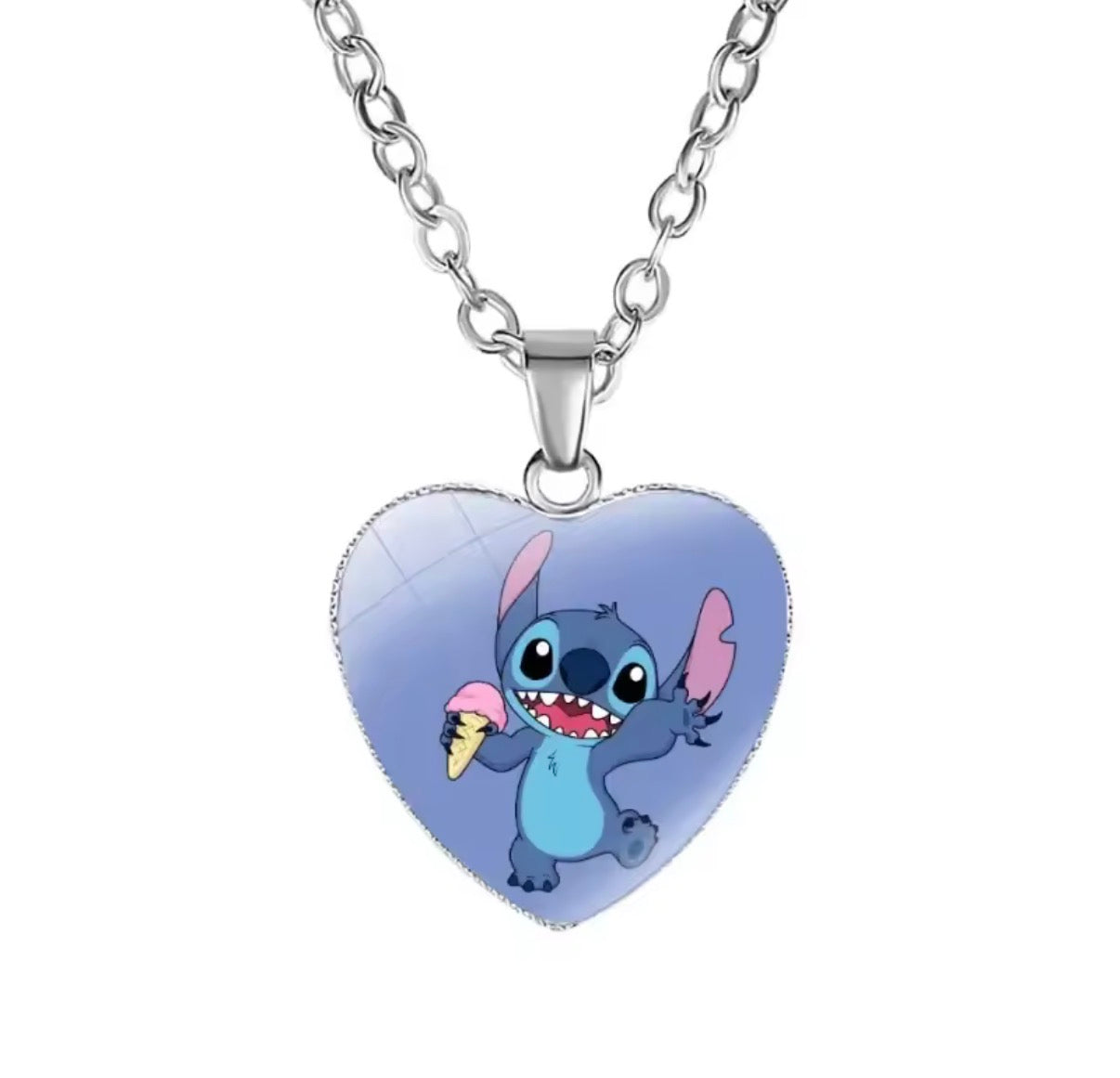 Disney Stitch / Angel - Heart Shaped Silver Coloured Necklace Photo Printed Glass Pendant for Kids & Girls Handmade Jewellery - Anime / Cartoon -
Perfect Birthday / Christmas Gift