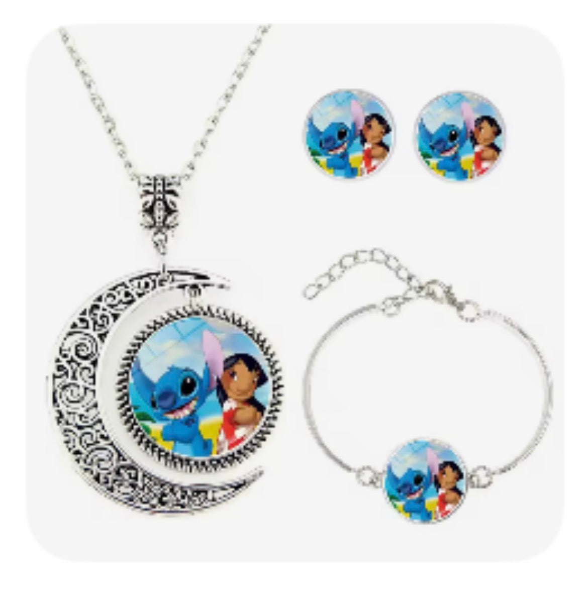 Disney Stitch / Angel 1, 2 & 3 Piece Jewellery Set - Pendant Necklace Star - Silver Coloured - Cartoon Angel Necklace Moon Pendant Couple Anime - Jewellery Birthday / Christmas Gift