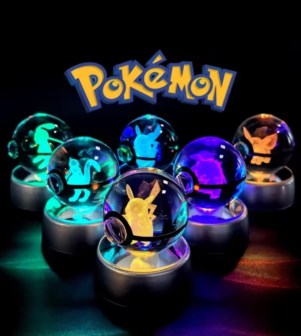 Pokemon Crystal 3D 5cm Ball Light - Pikachu, Charmander, Eevee & Rayquaza Lamp Base Pokeball Crystal Pokemon Glass Ball Figure Night Light - Christmas / Birthday Gift**