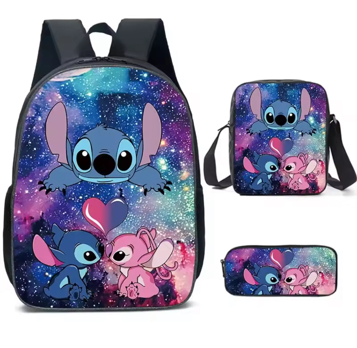 Disney 3Pcs/Set Stitch Black Backpack for Boys & Girls - Children Rucksack, Lunch Bag & Pen/Storage Bag - Kids Birthday/Christmas Gift - Casual School/Travel Bag