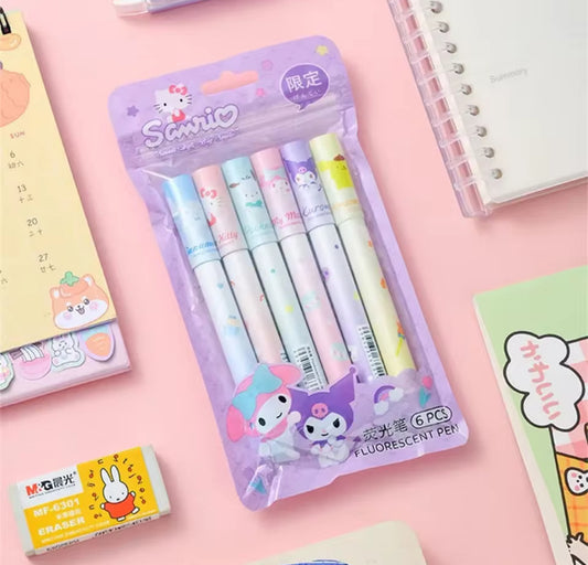 6Pcs Sanrio Highlighter Pen Set Kawaii, Hello Kitty, Kuromi, My Melody & Cinnamoroll Art Fluorescent Markers Pens School Office Stationery - Perfect Gift Idea**