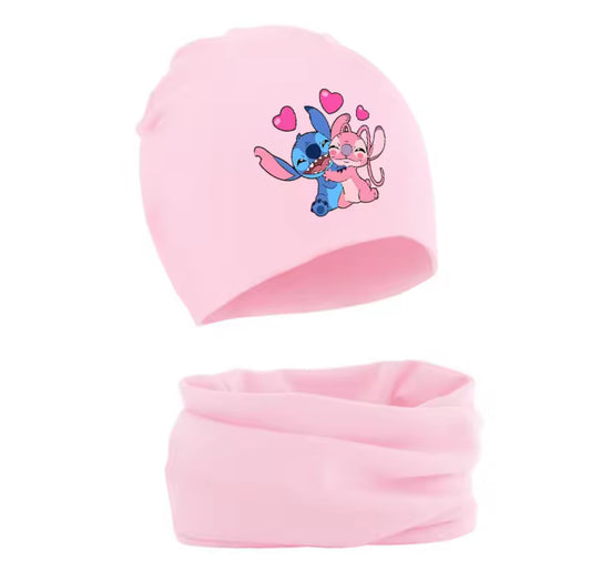 2pcs Lilo & Stitch / Angel Pink Disney Girls Hat & Collar Scarf Set - Cartoon Character - Anime / Cartoon - Autumn / Winter Set