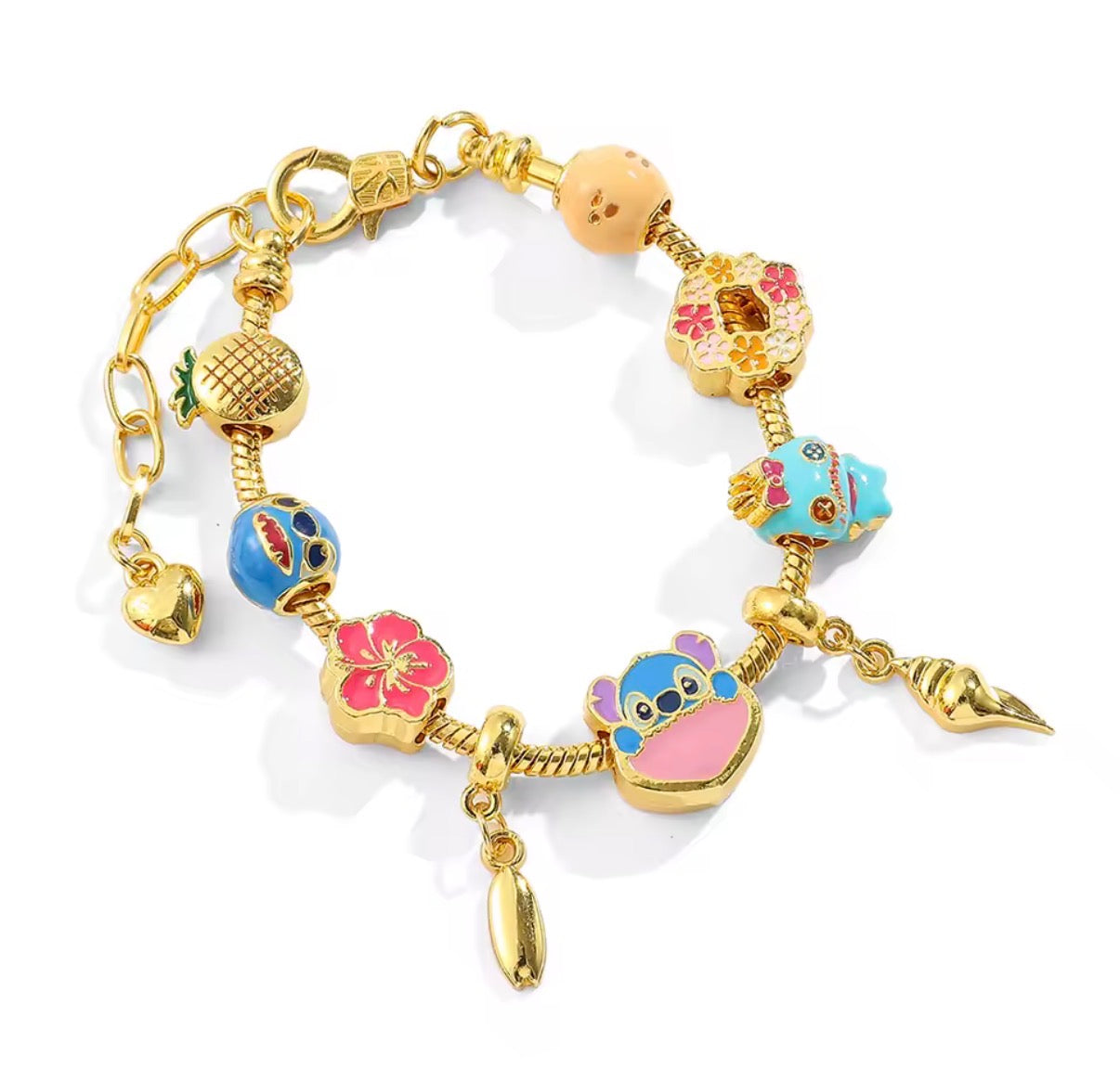 Disney Stitch Series Fashionable Gold Coloured Stitch Love Beaded Charm Bracelet - 17cm + 5cm Adjustable Length - With Giftbox