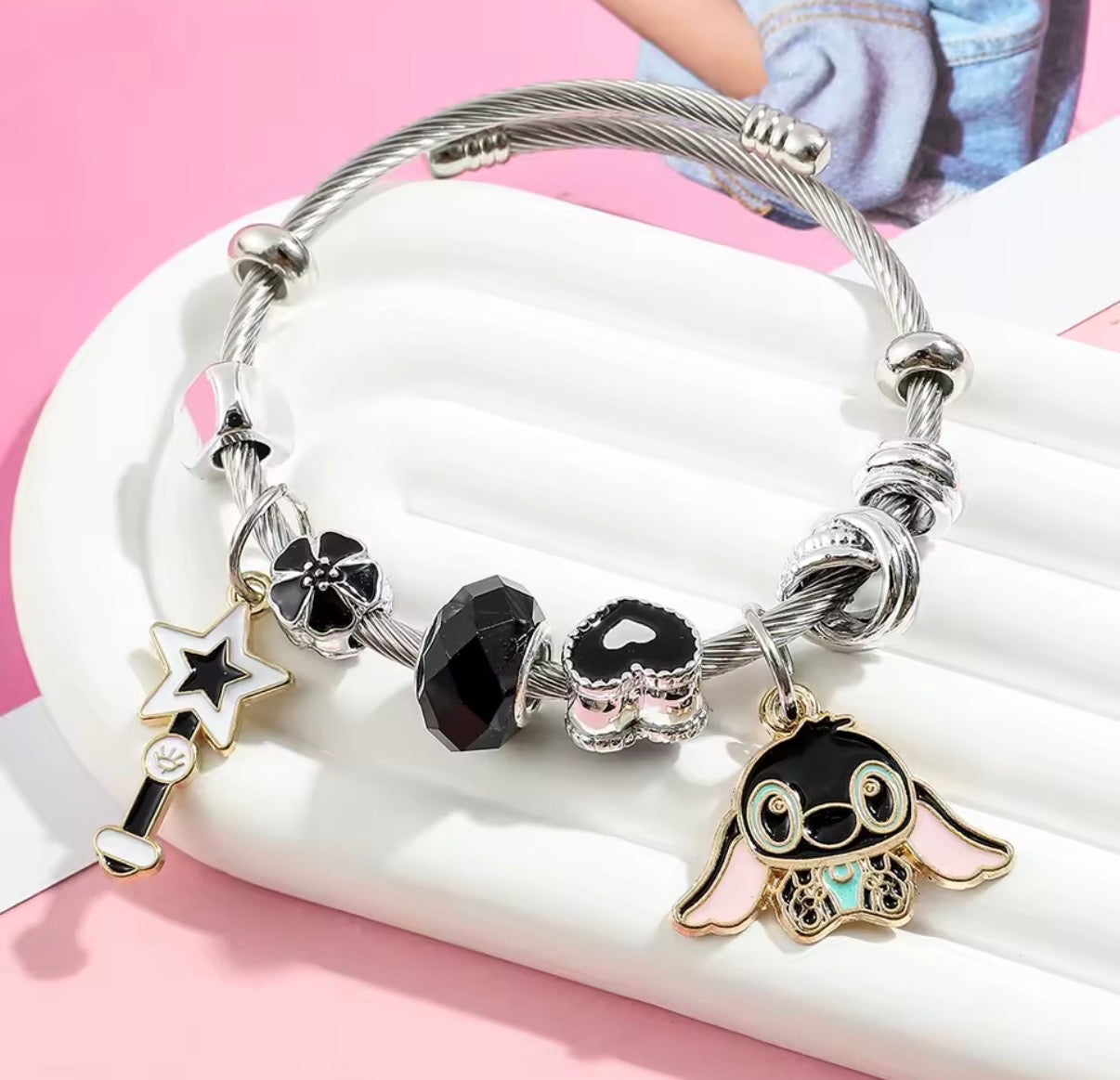 Disney Anime Lilo & Stitch Charms Bracelet - Cartoon Stitch - Beads Bangle - Black Themed - Silver Coloured Bangle - Jewellery Gift
