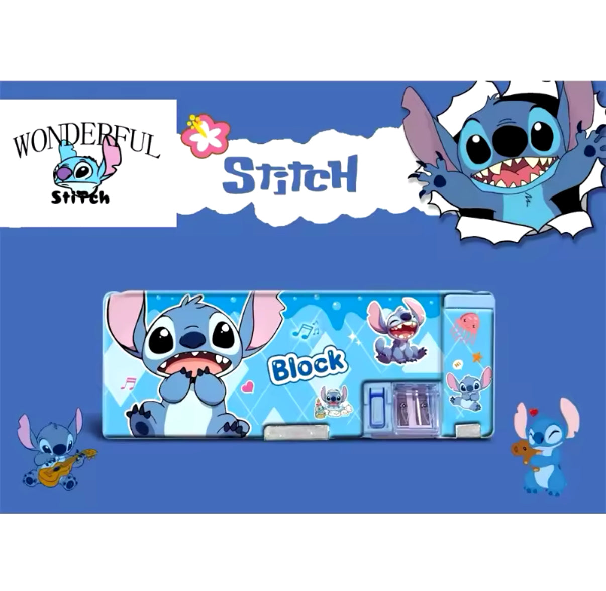Stitch Anime Kids Double Sided Storage Box With Pencil Sharpener - Cartoon Pencil Case - School Stationery Storage - Perfect Gift For Kids Children For Birthday / Christmas
