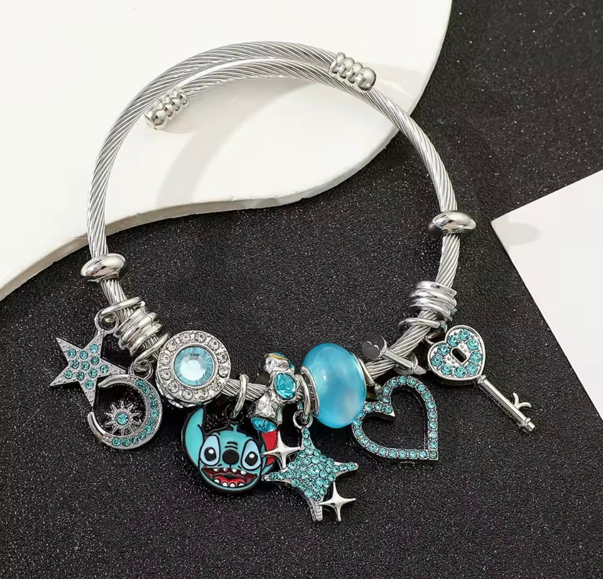 Disney Anime Lilo & Stitch Charms Bracelet - Cartoon Stitch - Beads Bangle - Blue & Pink Themed - Silver Coloured Bangle - Jewellery Gift
