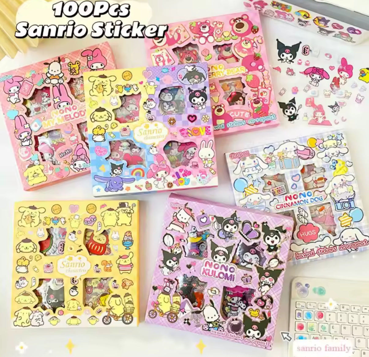 100Pcs Sanrio - Kuromi, Melody, Cinnamoroll & Hello Kitty Transparent Waterproof Stickers Cartoon DIY Stationery - Sticker Gift Box - Perfect Birthday / Christmas Gift**