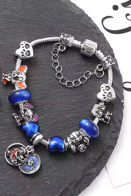 Disney Stitch Fashionable Cute - Stitch Blue Themed Silver Coloured Stitch Love Beaded Charm Bracelet - Adjustable 19cm + 5cm - With Giftbox