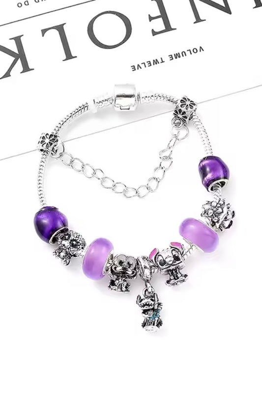 Disney Stitch Fashionable Cute - Stitch Purple Themed Silver Coloured Stitch Love Beaded Charm Bracelet - Adjustable 17cm + 5cm & 19cm + 5cm - With Giftbox