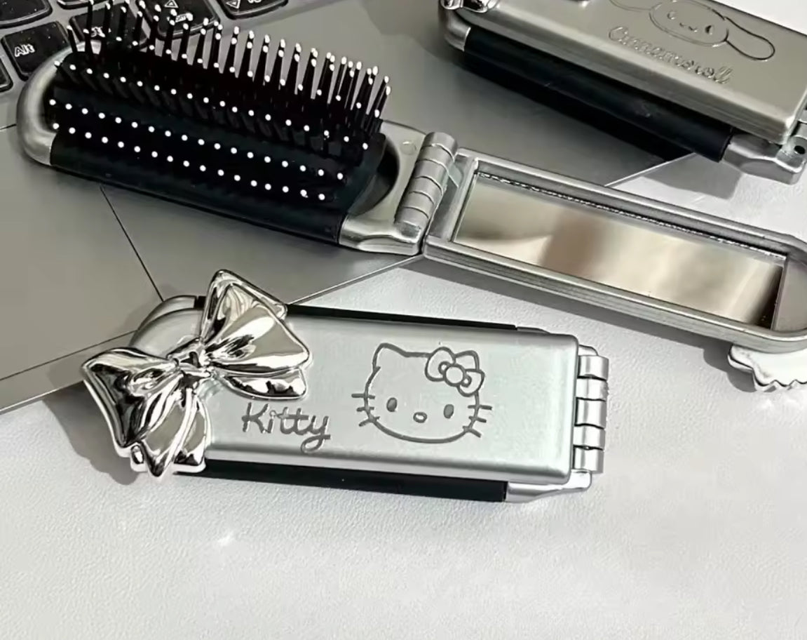 Sanrio Characters - Girls Portable Brush / Comb With Mirror - Cartoon Anime - Birthday / Christmas Stocking Filler Gift - Kawaii Haircare - Kuku, Cinna, HK & Melody