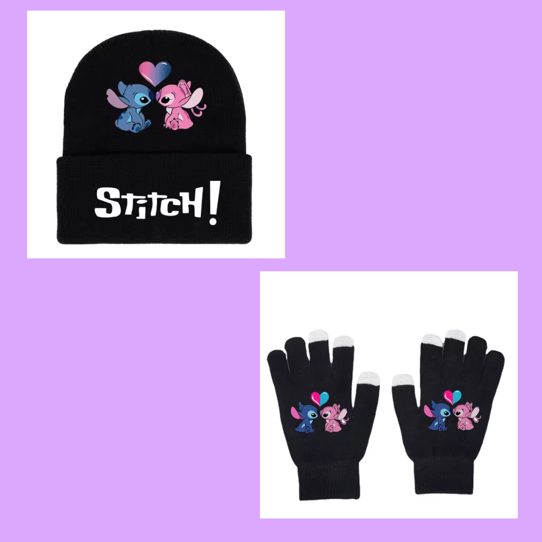 Disney Stitch / Angel Knitted Hat & Glove Set - Kids Autumn / Winter Warm Black Fishnet Mittens - Anime Figure Cartoon Headgear - Decoration - Gifts