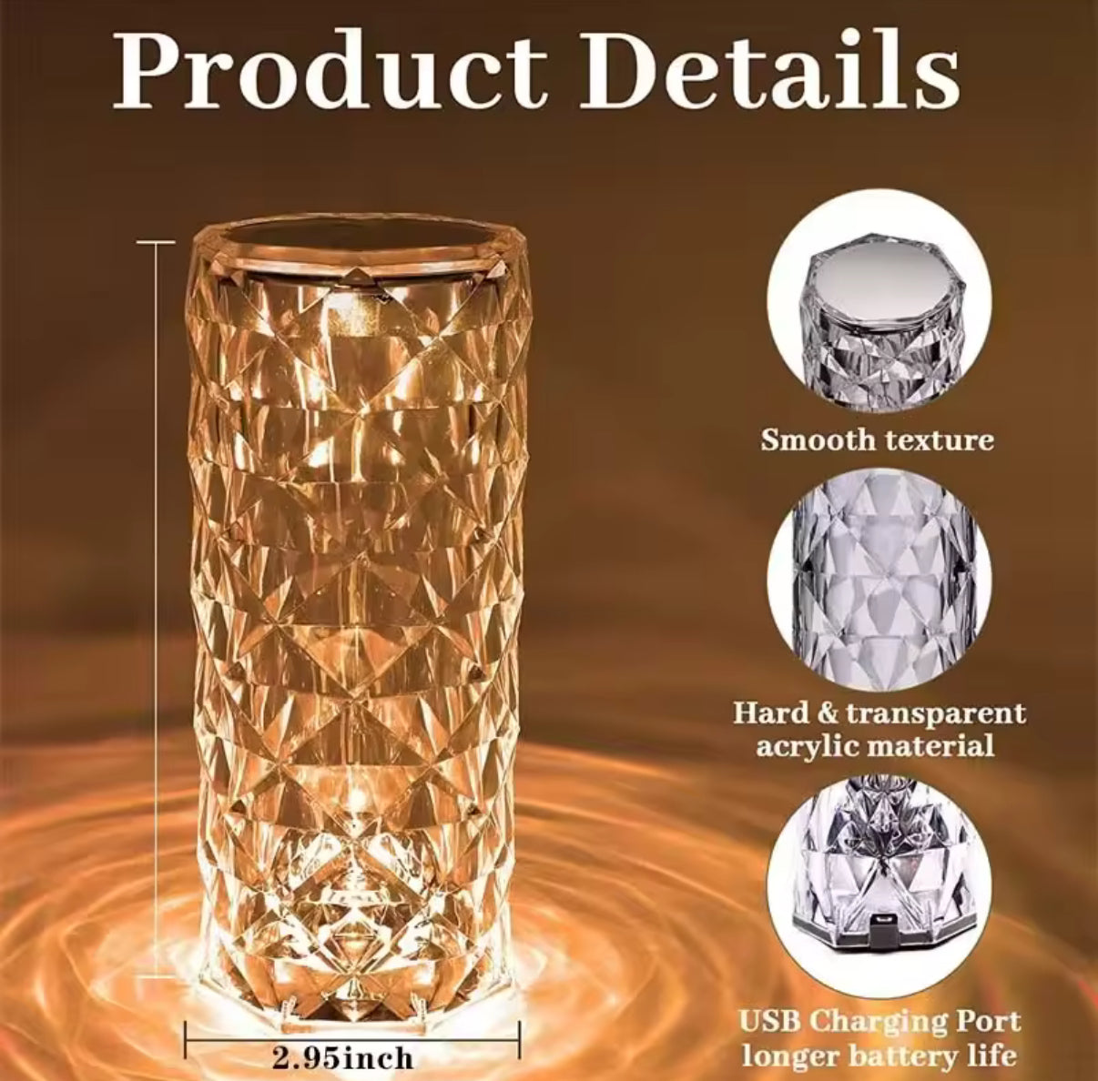 16 Colours - LED Crystal Table Lamp Rose Light Projector Home Bar Decoration Touch Recharging Romantic Diamond Atmosphere Light - USB - Perfect Birthday / Christmas Gift