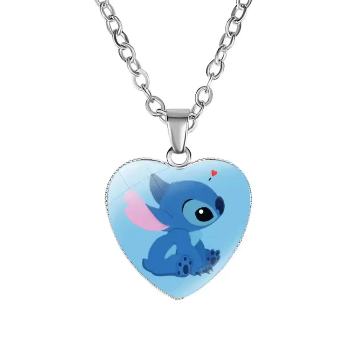 Disney Stitch / Angel - Heart Shaped Silver Coloured Necklace Photo Printed Glass Pendant for Kids & Girls Handmade Jewellery - Anime / Cartoon -
Perfect Birthday / Christmas Gift