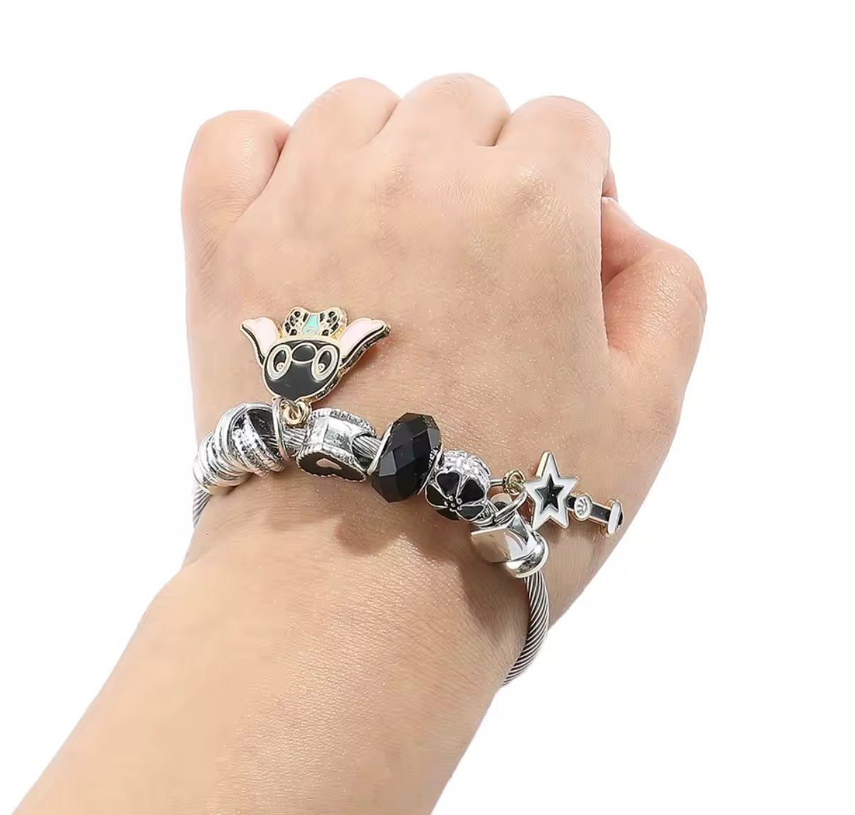 Disney Anime Lilo & Stitch Charms Bracelet - Cartoon Stitch - Beads Bangle - Black Themed - Silver Coloured Bangle - Jewellery Gift