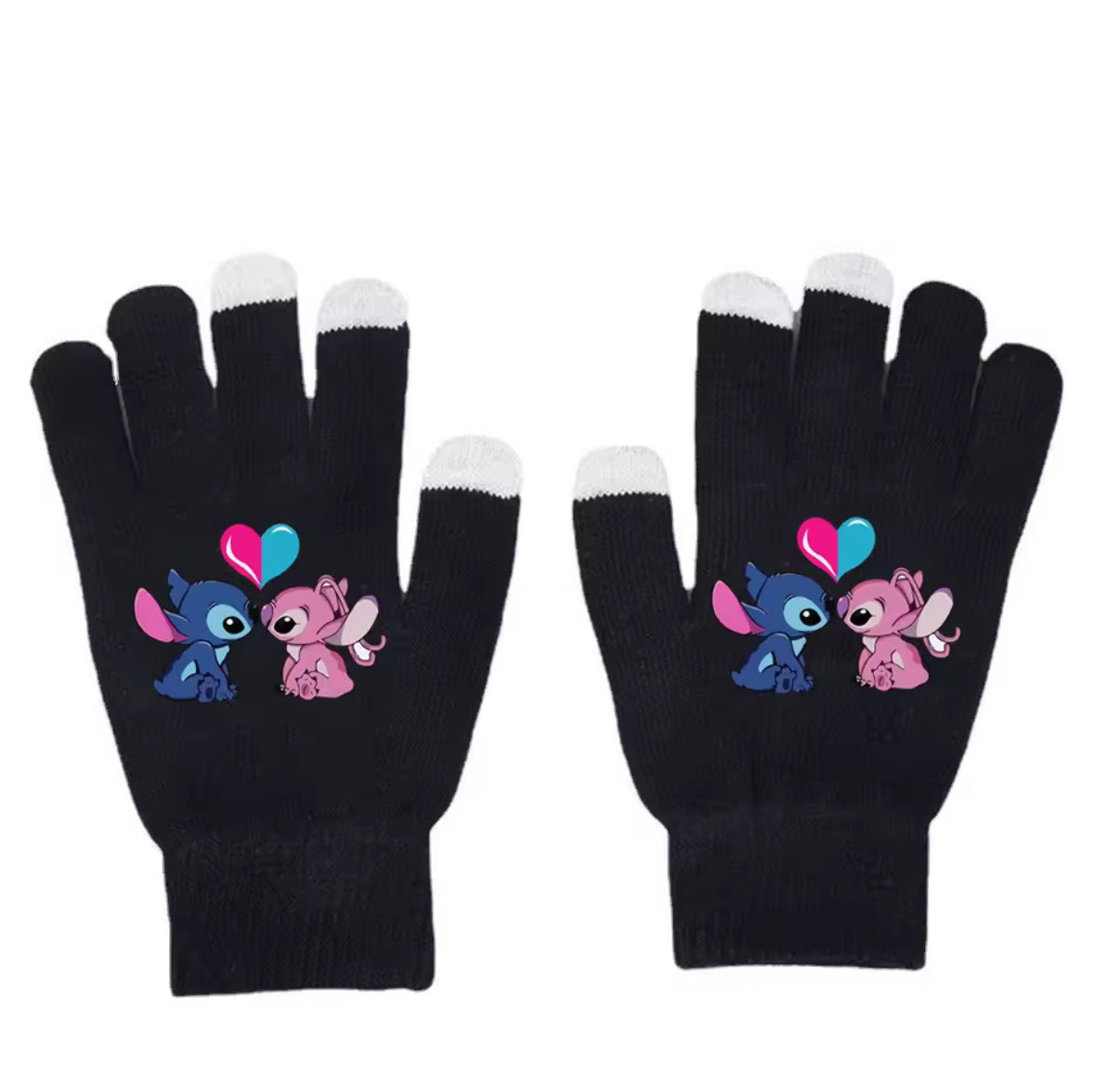 Disney Stitch / Angel Knitted Hat & Glove Set - Kids Autumn / Winter Warm Black Fishnet Mittens - Anime Figure Cartoon Headgear - Decoration - Gifts