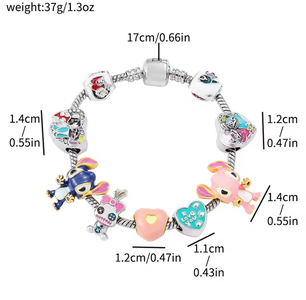 Disney Stitch Series Fashionable Scrump / Angel Themed Silver Coloured Stitch Love Beaded Charm Bracelet - 17cm & 19cm Bracelet Length - With Giftbox