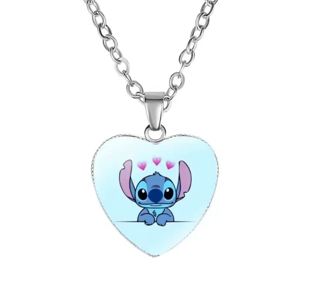 Disney Stitch / Angel - Heart Shaped Silver Coloured Necklace Photo Printed Glass Pendant for Kids & Girls Handmade Jewellery - Anime / Cartoon -
Perfect Birthday / Christmas Gift