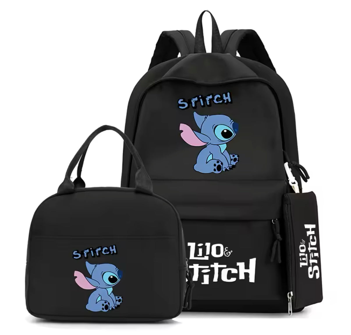3Pcs/Set Disney Stitch Black Backpack for Boys & Girls - Children Rucksack, Lunch Bag & Pen/Storage Bag - Kids Birthday/Christmas Gift - Casual School/Travel Bag