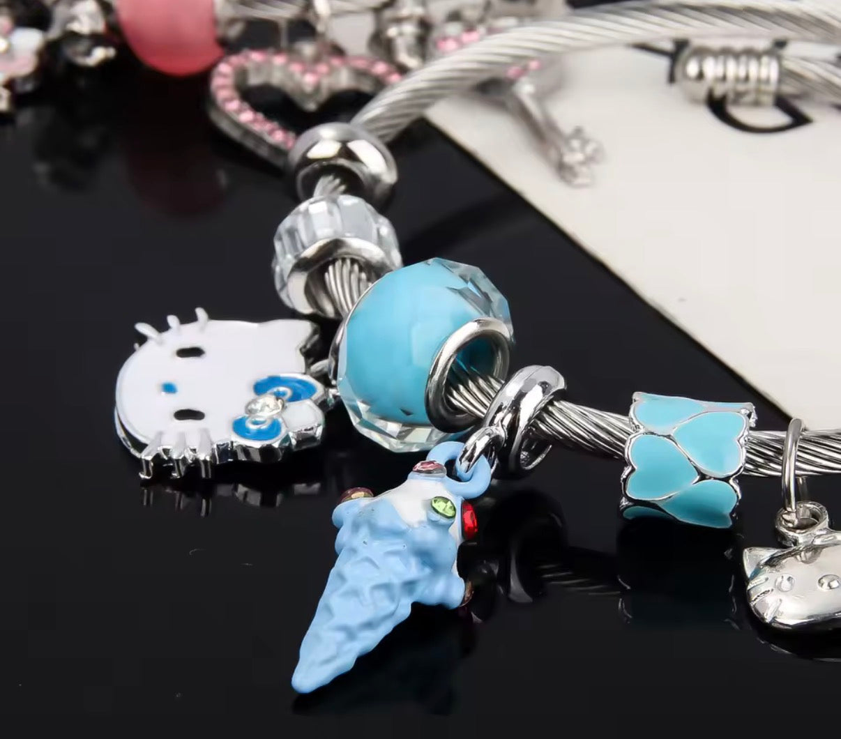 Cute Sanrio Y2K Bracelets Anime Kawaii Hello Kitty Silver Coloured Women/Girls Bangle - Jewellery Accessories - Birthday / Christmas Gift - Bracelet - Blue & Pink Themed