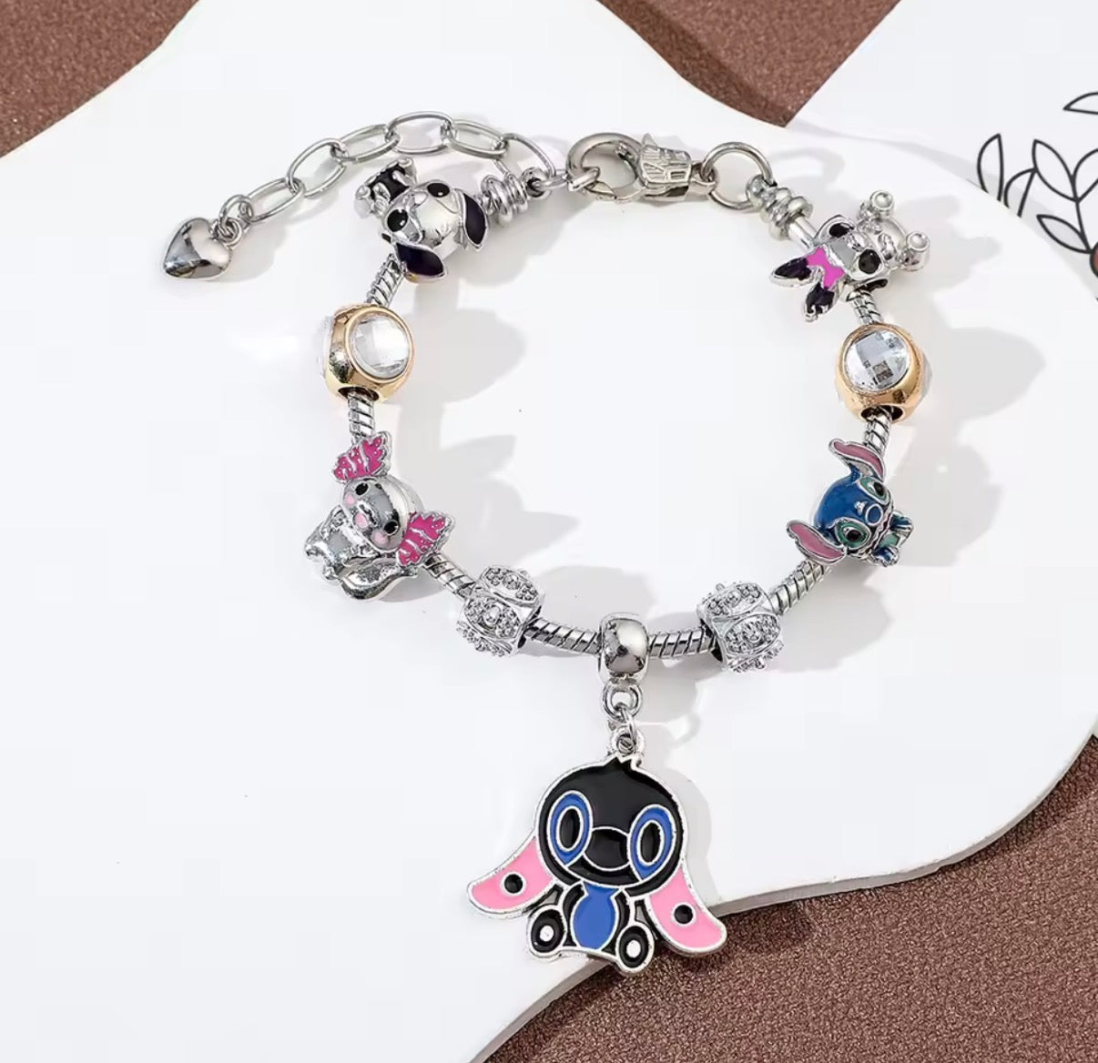 Disney Stitch Series Fashionable Cute - Stitch Big Eared Themed Silver Coloured Stitch Love Beaded Charm Bracelet - 17cm + 5cm Adjustable Length - With Giftbox