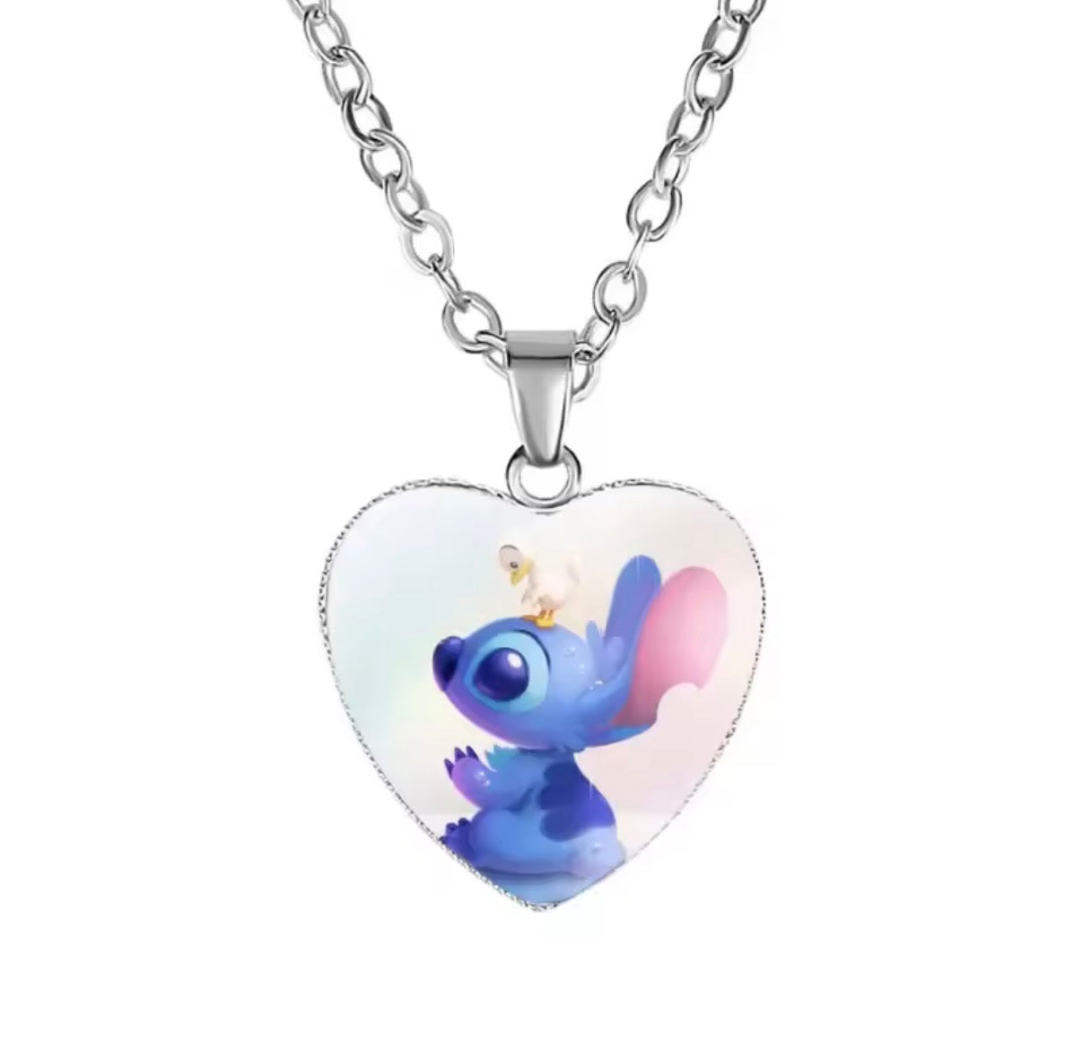 Disney Stitch / Angel - Heart Shaped Silver Coloured Necklace Photo Printed Glass Pendant for Kids & Girls Handmade Jewellery - Anime / Cartoon -
Perfect Birthday / Christmas Gift