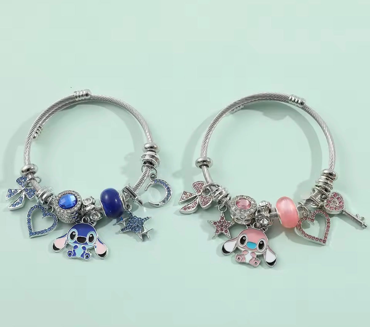 Disney Anime Lilo & Stitch Charms Bracelet - Cartoon Stitch - Beads Bangle - Blue & Pink Themed - Silver Coloured Bangle - Jewellery Gift