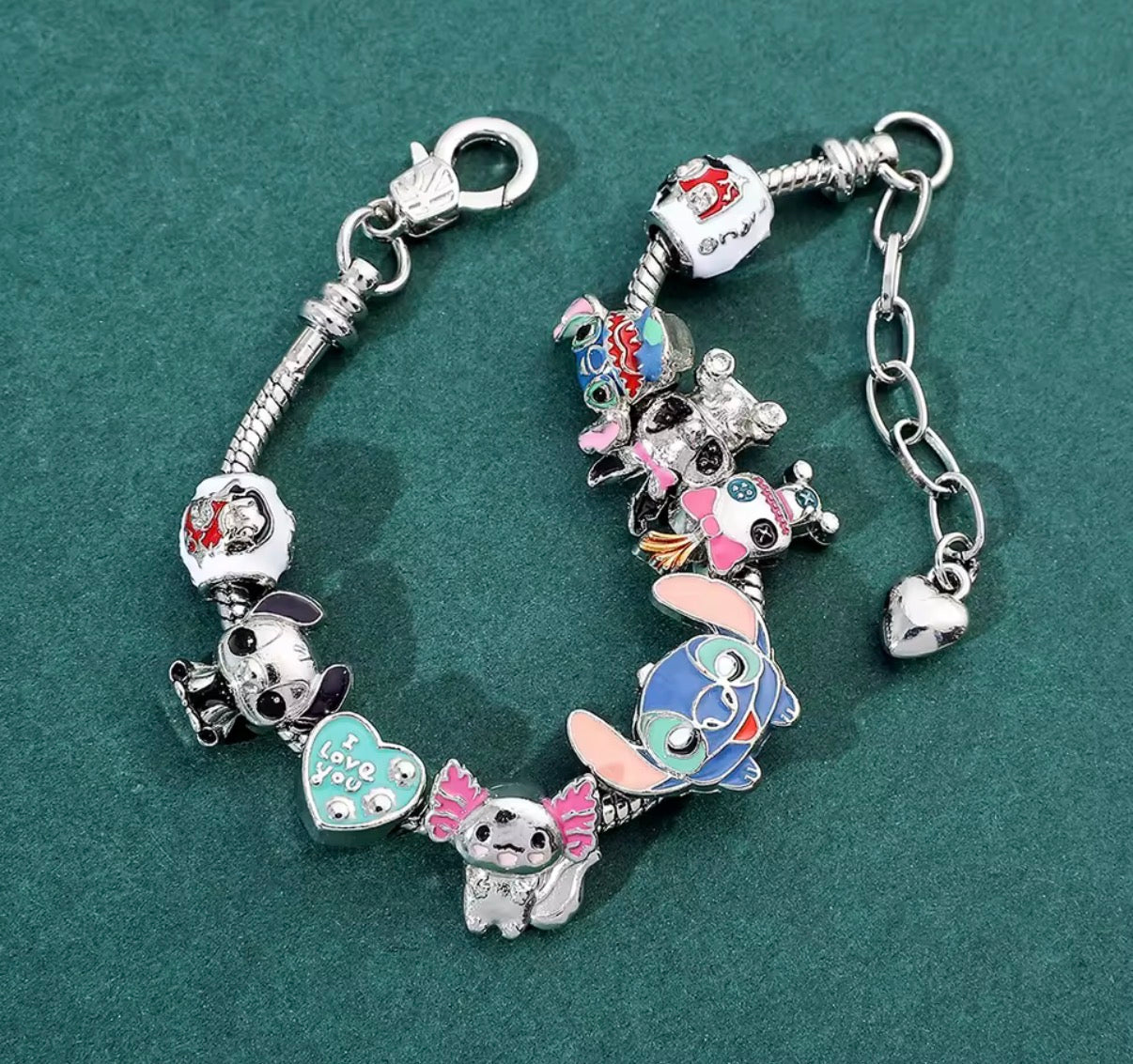 Disney Stitch Charm Metal Rope Bracelet - Anime /Cartoon - Stitch Inspired Silver Coloured Metal Bracelet DIY Pendants Bracelet For Women & Girls - Jewellery Gifts - 9 Charms - Adjustable Bracelet Length 17cm+5cm
