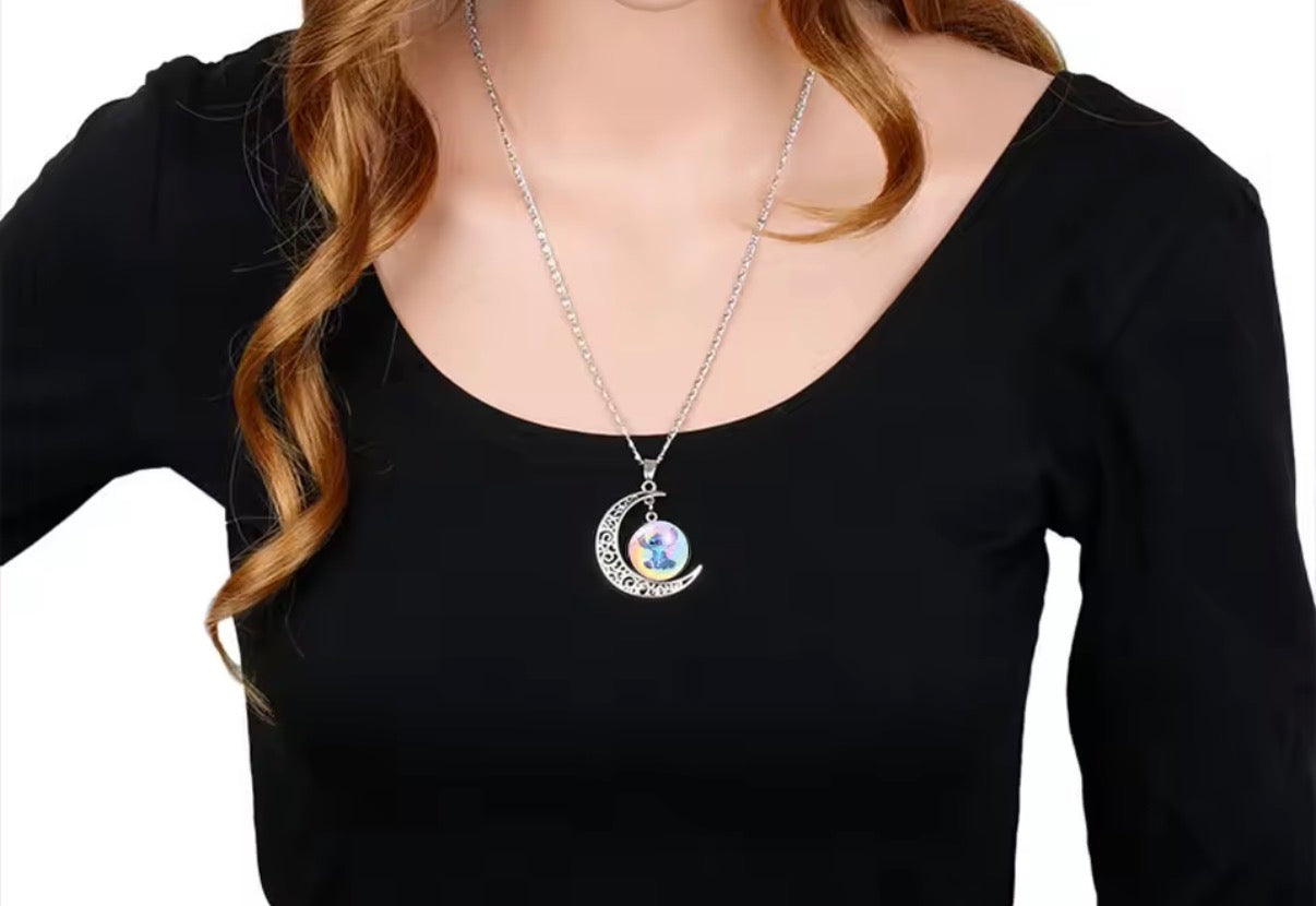 Disney Stitch / Angel 1, 2 & 3 Piece Jewellery Set - Pendant Necklace Star - Silver Coloured - Cartoon Angel Necklace Moon Pendant Couple Anime - Jewellery Birthday / Christmas Gift