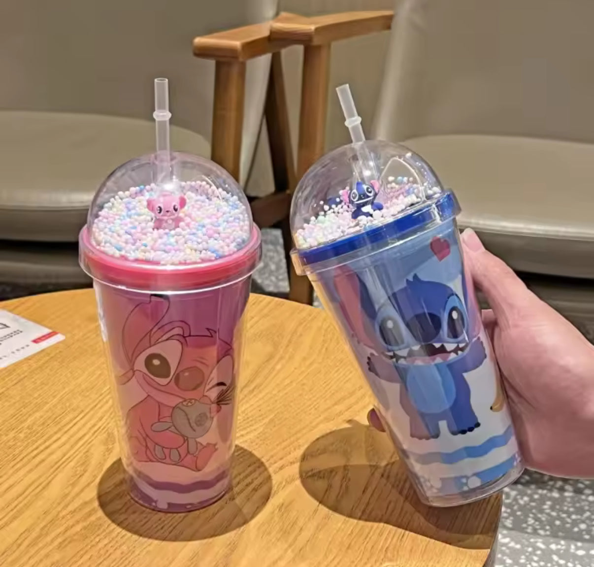 Stitch / Angel 450ml Double Layer Plastic Water Cup With Straw Portable Creative Gift Bottle For Milk Coffee Tea and any other hot or cold drink - Handy Cup for Kids - Perfect Christmas / Birthday Gift