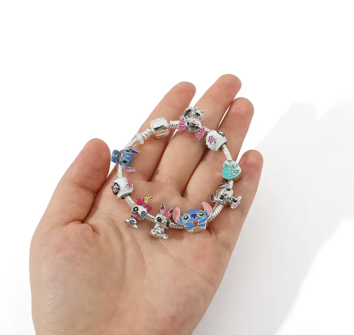 Disney Stitch Charm Metal Rope Bracelet - Anime /Cartoon - Stitch Inspired Silver Coloured Metal Bracelet DIY Pendants Bracelet For Women & Girls - Jewellery Gifts - 9 Charms - Bracelet Length Available in 17cm, 19cm, 21cm