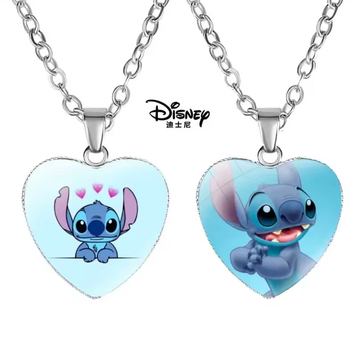Disney Stitch / Angel - Heart Shaped Silver Coloured Necklace Photo Printed Glass Pendant for Kids & Girls Handmade Jewellery - Anime / Cartoon -
Perfect Birthday / Christmas Gift
