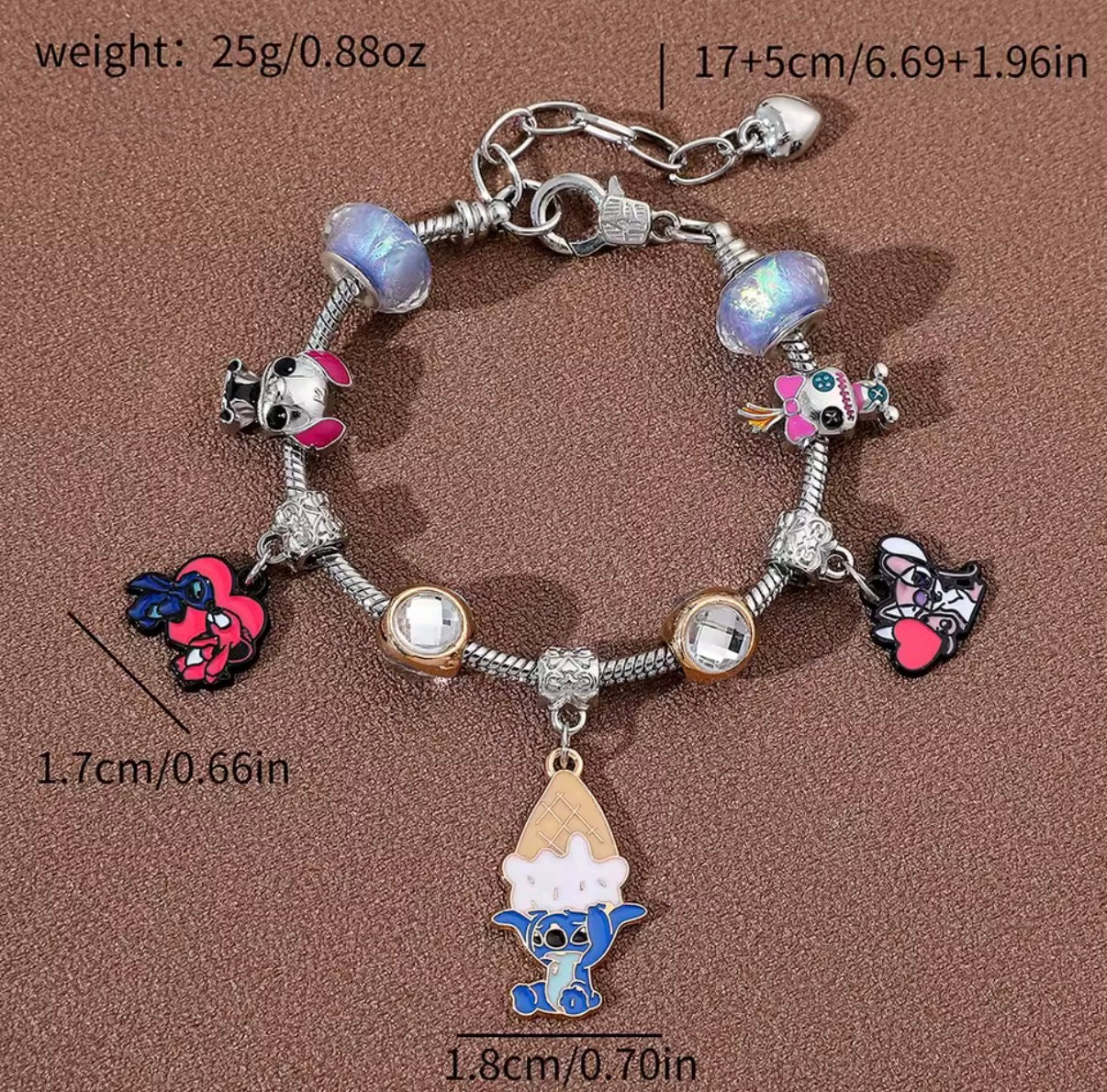 New Disney Stitch Series Fashionable Cute Ice Cream Themed Silver Coloured Stitch Love Beaded Charm Bracelet - 17cm + 5cm Adjustable Length - With Giftbox