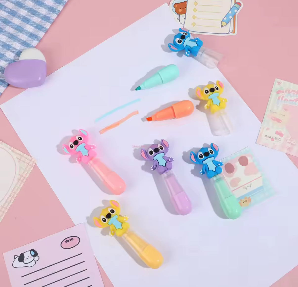 6pcs Stitch Bagged Mini Highlighter Lilo & Stitch - 6 Colour Pen Set - Cute Student Marker Stationery Gift**