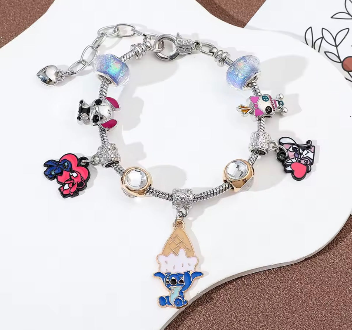 New Disney Stitch Series Fashionable Cute Ice Cream Themed Silver Coloured Stitch Love Beaded Charm Bracelet - 17cm + 5cm Adjustable Length - With Giftbox