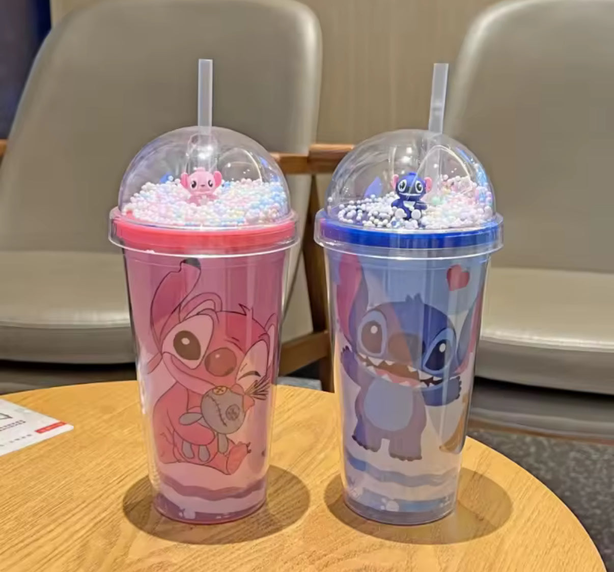 Stitch / Angel 450ml Double Layer Plastic Water Cup With Straw Portable Creative Gift Bottle For Milk Coffee Tea and any other hot or cold drink - Handy Cup for Kids - Perfect Christmas / Birthday Gift