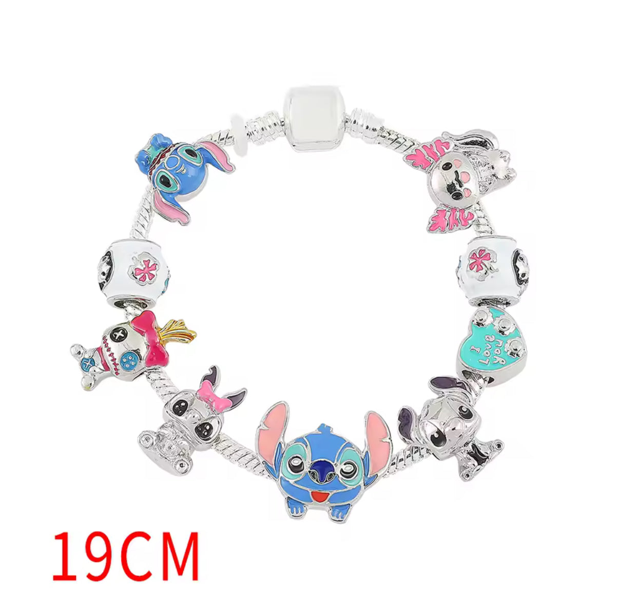 Disney Stitch Charm Metal Rope Bracelet - Anime /Cartoon - Stitch Inspired Silver Coloured Metal Bracelet DIY Pendants Bracelet For Women & Girls - Jewellery Gifts - 9 Charms - Bracelet Length Available in 17cm, 19cm, 21cm